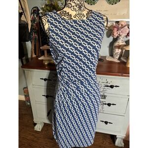 J McLaughlin Blue White Chain Geometric Ruched  Dress Size XS Sleeveless Stretch